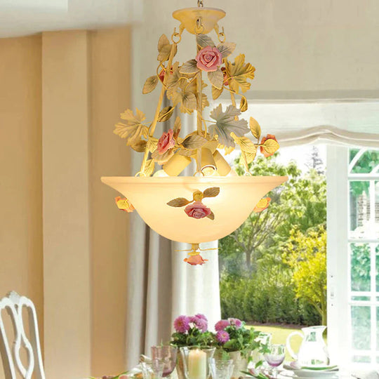 3 - Light Inverted Hat Shade Chandelier American Flower Green Opaline Glass Ceiling Pendant Lamp