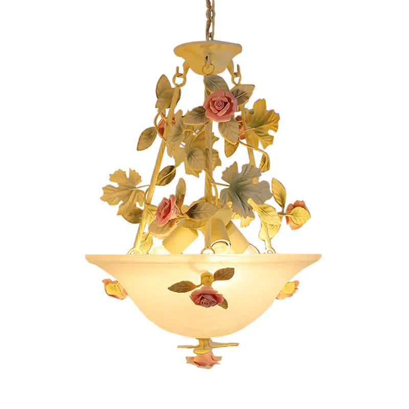 3 - Light Inverted Hat Shade Chandelier American Flower Green Opaline Glass Ceiling Pendant Lamp