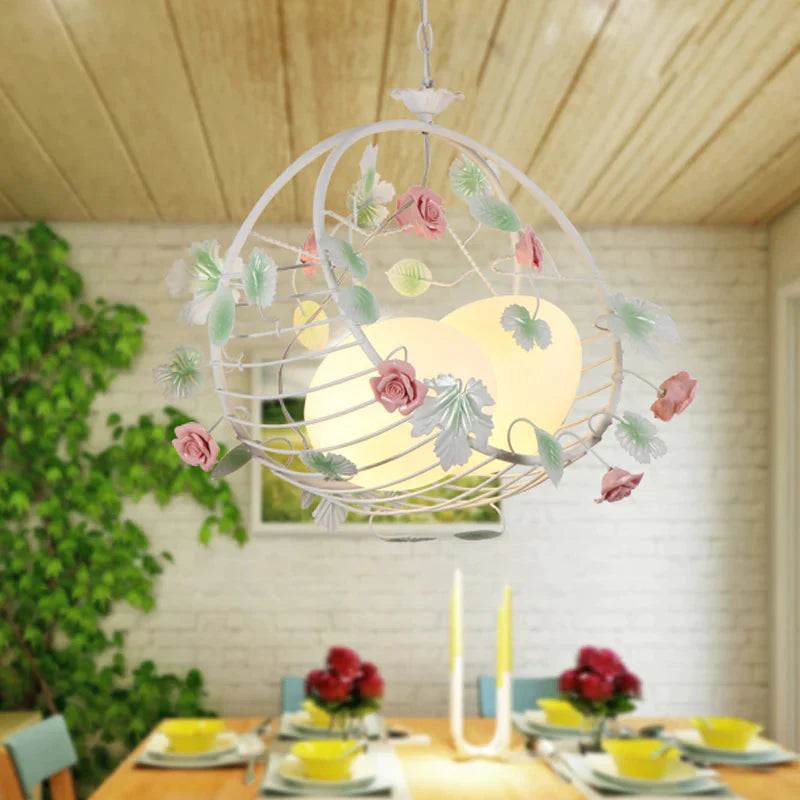 Swing Shaped Iron Hanging Lamp Korean Flower 2 Bulbs Dining Table Chandelier In Pink With Ball