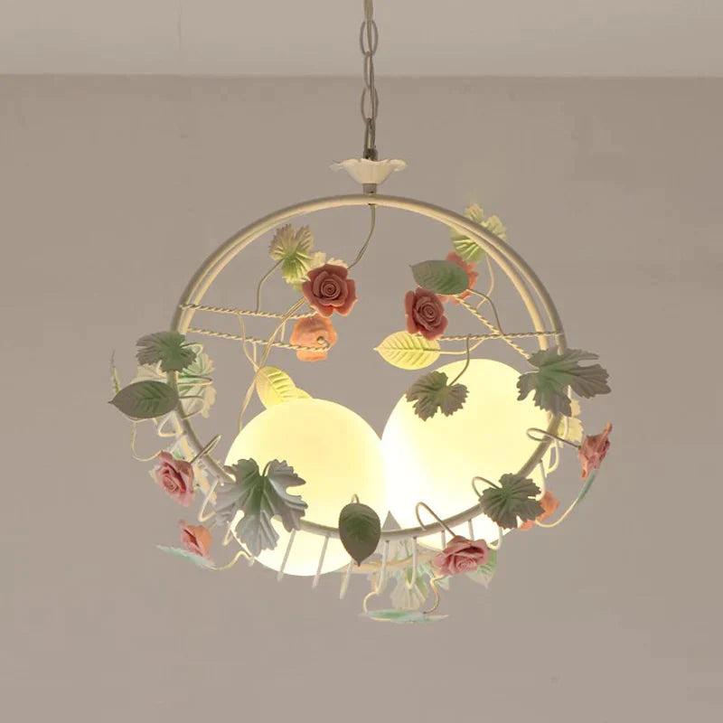 Swing Shaped Iron Hanging Lamp Korean Flower 2 Bulbs Dining Table Chandelier In Pink With Ball