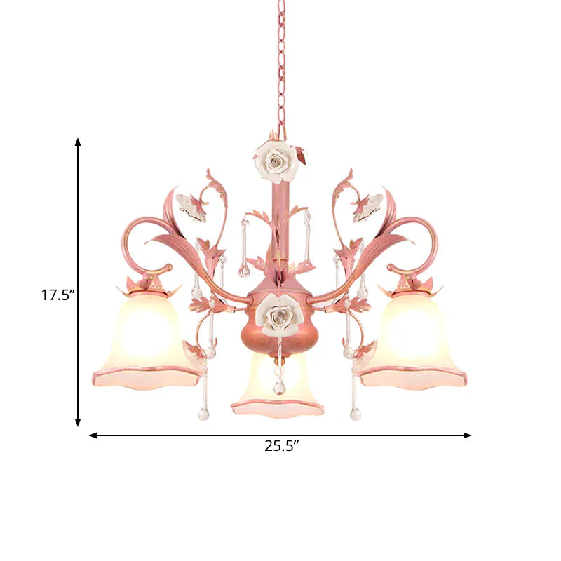 Carillon Milky Glass Hanging Pendant Pastoral 3/5 Lights Bedroom Chandelier Lighting With Pink