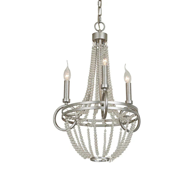 Silver 3 Bulbs Pendant Chandelier Rustic Crystal Bead Candelabra Suspension Light For Dining Room