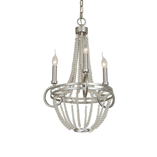 Silver 3 Bulbs Pendant Chandelier Rustic Crystal Bead Candelabra Suspension Light For Dining Room