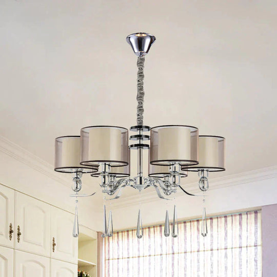 6 Bulbs Cylinder Chandelier Light Rustic Chrome Fabric Pendant Lighting Fixture With Crystal Drop