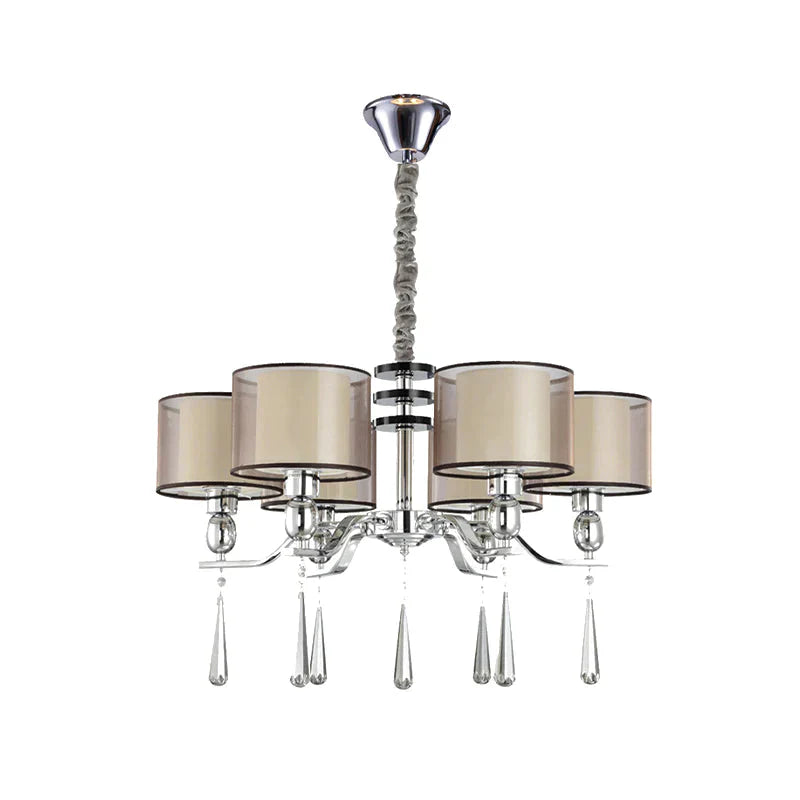 6 Bulbs Cylinder Chandelier Light Rustic Chrome Fabric Pendant Lighting Fixture With Crystal Drop