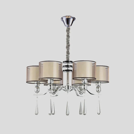 6 Bulbs Cylinder Chandelier Light Rustic Chrome Fabric Pendant Lighting Fixture With Crystal Drop