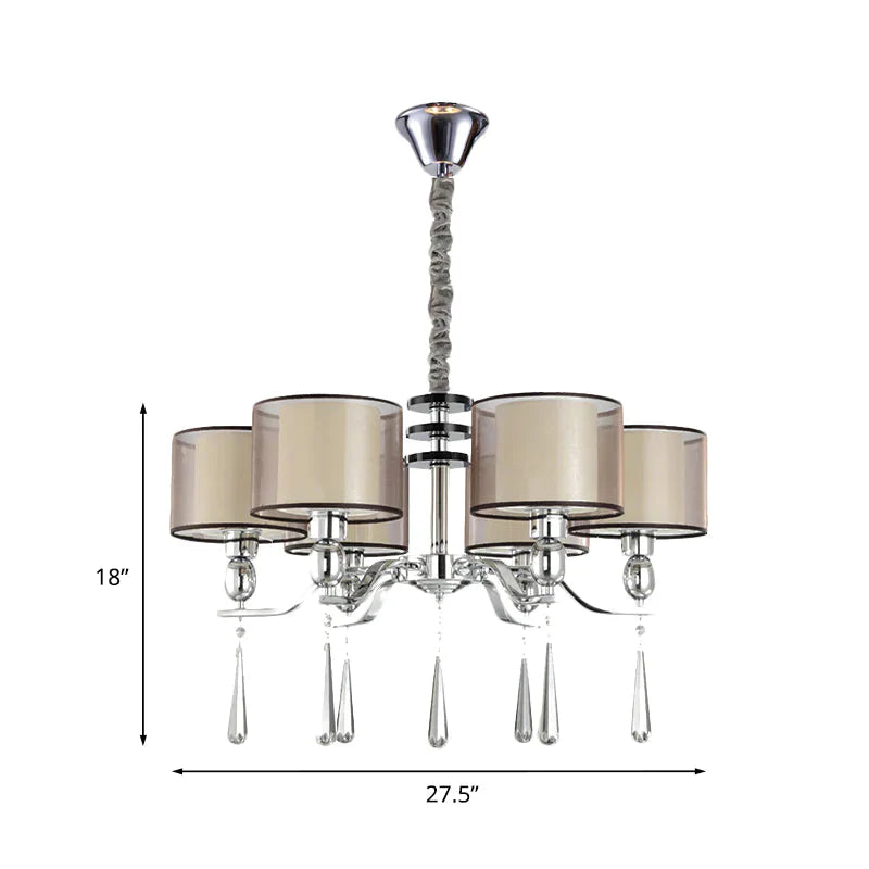 6 Bulbs Cylinder Chandelier Light Rustic Chrome Fabric Pendant Lighting Fixture With Crystal Drop