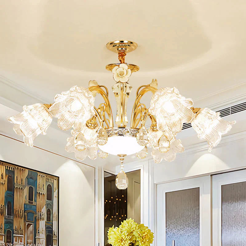 Flower Dining Room Chandelier Lamp Mid Century Clear Glass 3/6 - Bulb Gold Pendant With Crystal