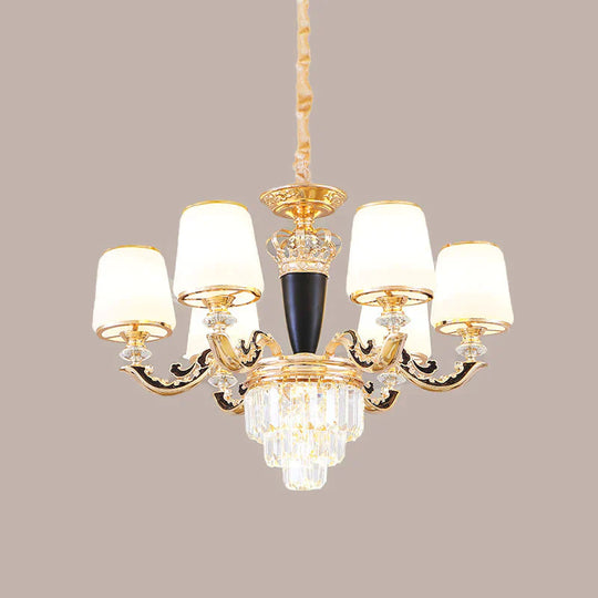 Opal Glass Cone Hanging Pendant Mid - Century 6 Heads Bedroom Chandelier In Black And Gold With