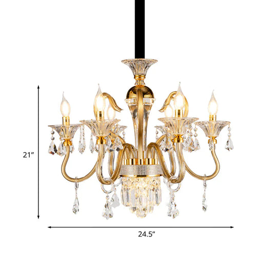 Crystal Candlestick Pendant Chandelier Mid - Century 6 Bulb Bedroom Hanging Lamp In Gold