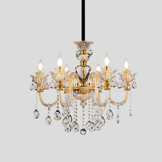 Mid - Century Candle Chandelier 6 Heads Clear Crystal Suspension Pendant Light In Gold For Bedroom