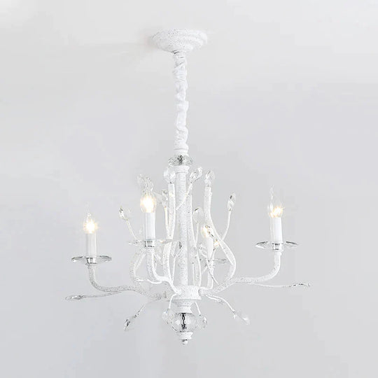 Rustic Candle Chandelier Lighting 4/6 Heads Clear K9 Crystal Suspension Light In White For Dining