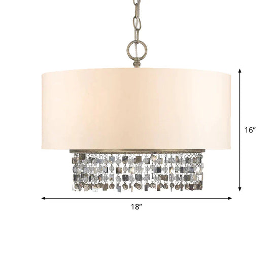 Drum Fabric Chandelier Light Traditional 5 - Bulb Living Room Hanging Lamp In White With Crystal