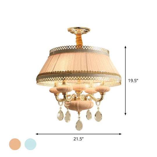 Fabric Pink/Blue Ceiling Lamp Drum 4 Lights Rustic Chandelier Pendant Light With Crystal Drop