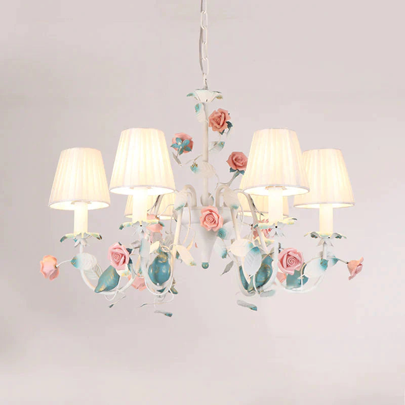 Korean Flower Candle Hanging Chandelier 3/6 - Light Fabric Pendant Lamp With Swoop Arm In White