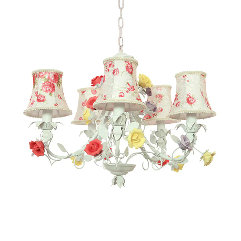 5 Heads Floral Print Fabric Chandelier Countryside White - Red Flared Living Room Hanging Pendant