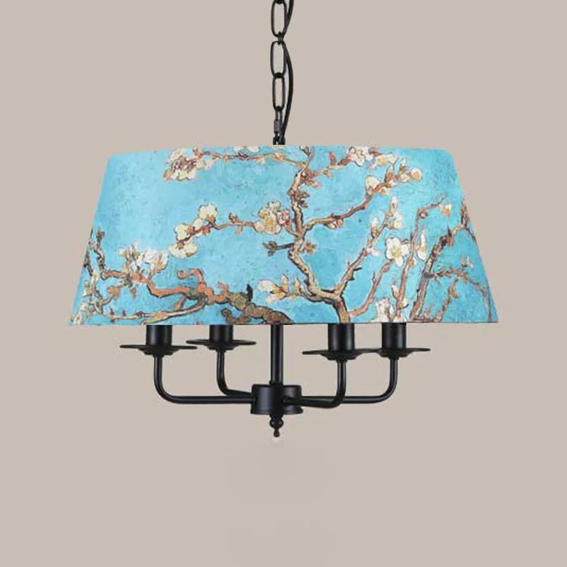 Orchid Printed Fabric Blue Chandelier Trapezoid 4 Lights Korean Garden Hanging Pendant