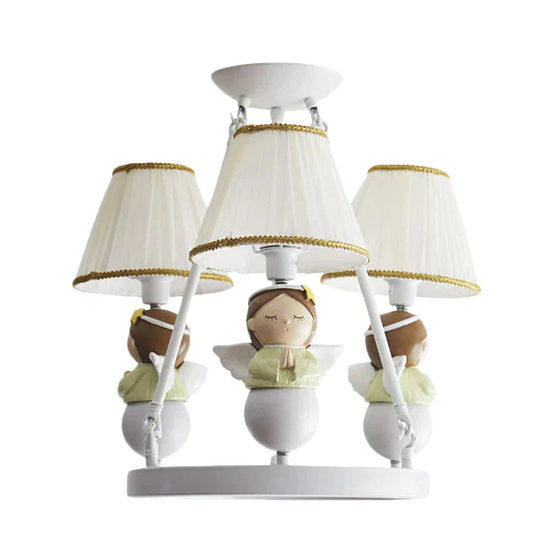 Tapered Suspension Lamp Cartoon Fabric 3 Bulbs Kids Bedroom Chandelier Light In White With Angel