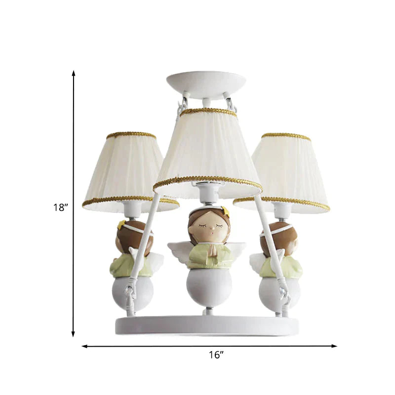 Tapered Suspension Lamp Cartoon Fabric 3 Bulbs Kids Bedroom Chandelier Light In White With Angel