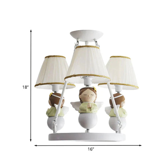 Tapered Suspension Lamp Cartoon Fabric 3 Bulbs Kids Bedroom Chandelier Light In White With Angel