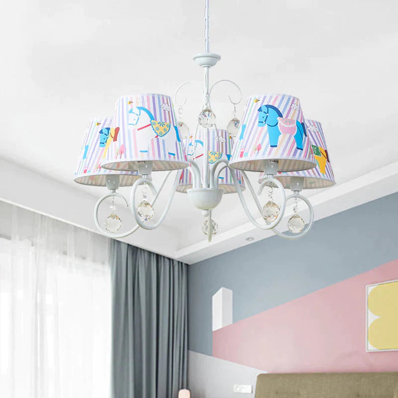 Fabric Tapered Ceiling Pendant Cartoon 5 Lights White Hanging Chandelier With Horse Pattern And