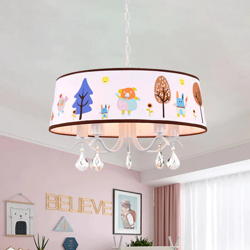 Cartoon 3/5 Heads Chandelier White Drum Pendant With Forest Pattern Fabric Shade And Crystal Drop