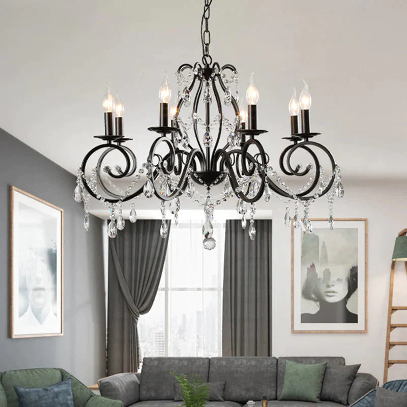 8 - Bulb Scrolled Arm Chandelier Black Metal Ceiling Pendant Light With Crystal Draping