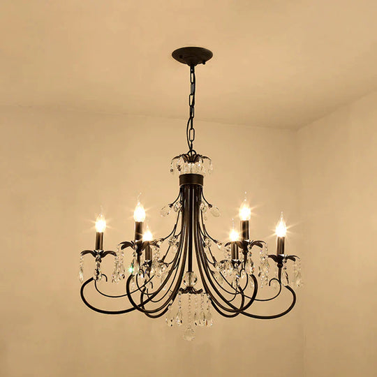 Candle Living Room Pendant Traditionalism Beveled Crystal Prism 6/8 Bulbs Black Chandelier