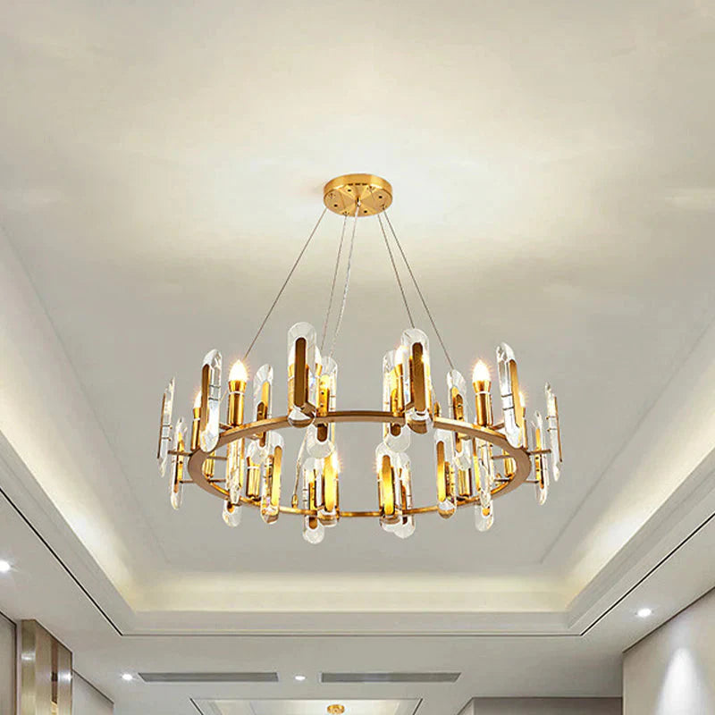 Classic Circle Ceiling Pendant Light 12 Bulbs Crystal Chandelier Lighting Fixture In Gold