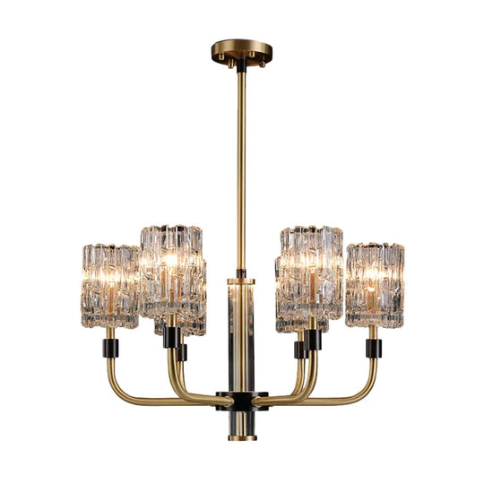 6 - Head Clear Crystal Pendant Traditionalist Gold Cylindrical Restaurant Chandelier Light Fixture