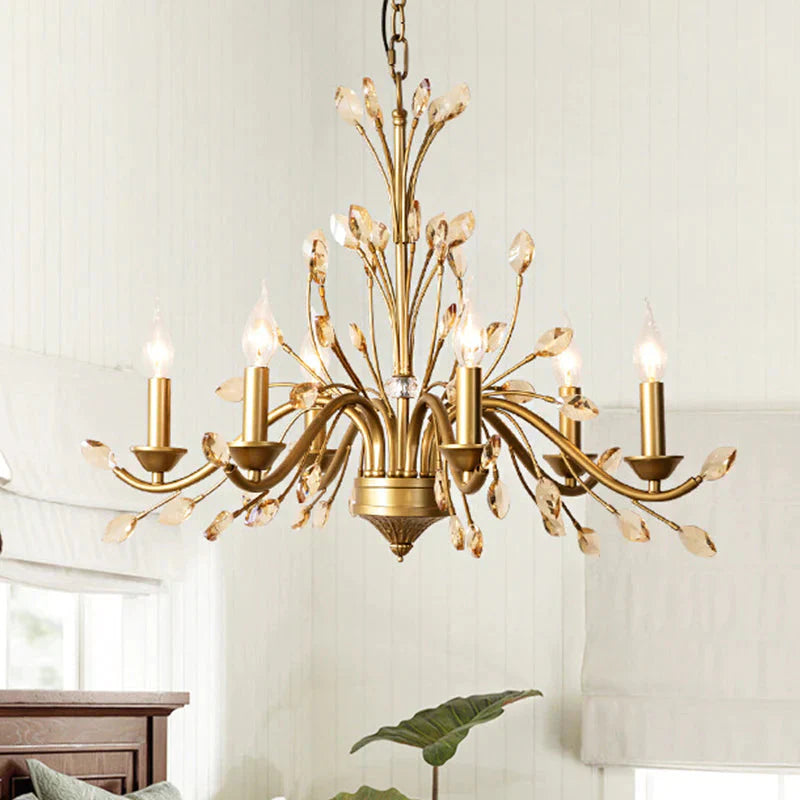 Candlestick Bedroom Pendant Light Vintage Metal 6 Bulbs Gold Chandelier With Crystal Decor