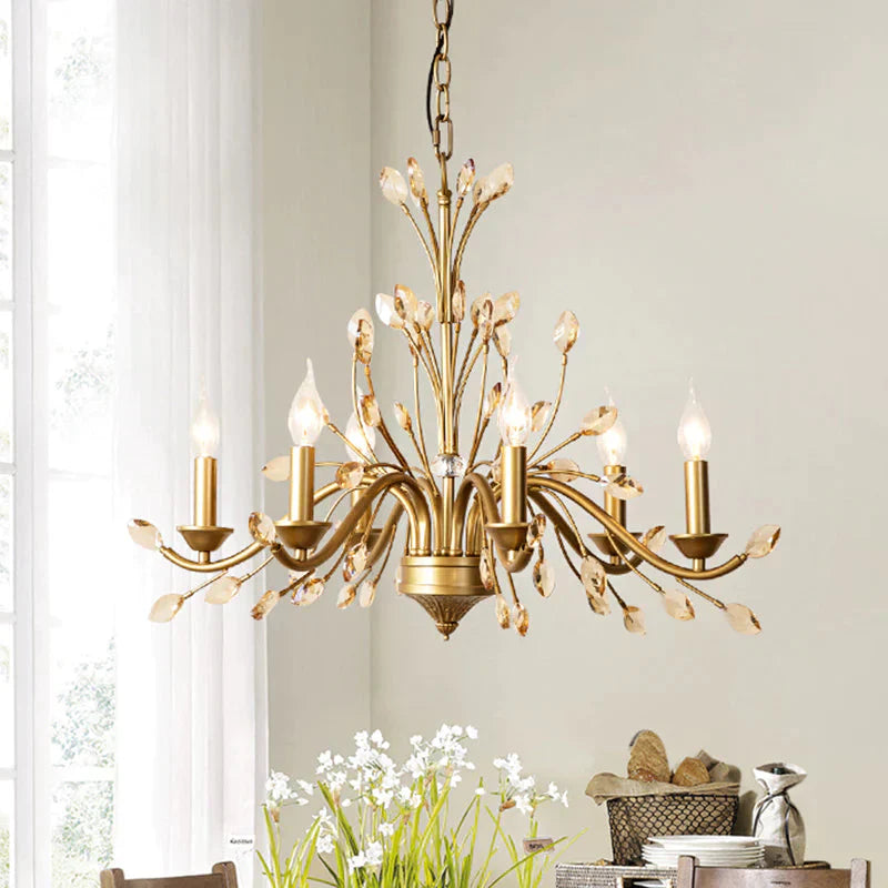 Candlestick Bedroom Pendant Light Vintage Metal 6 Bulbs Gold Chandelier With Crystal Decor