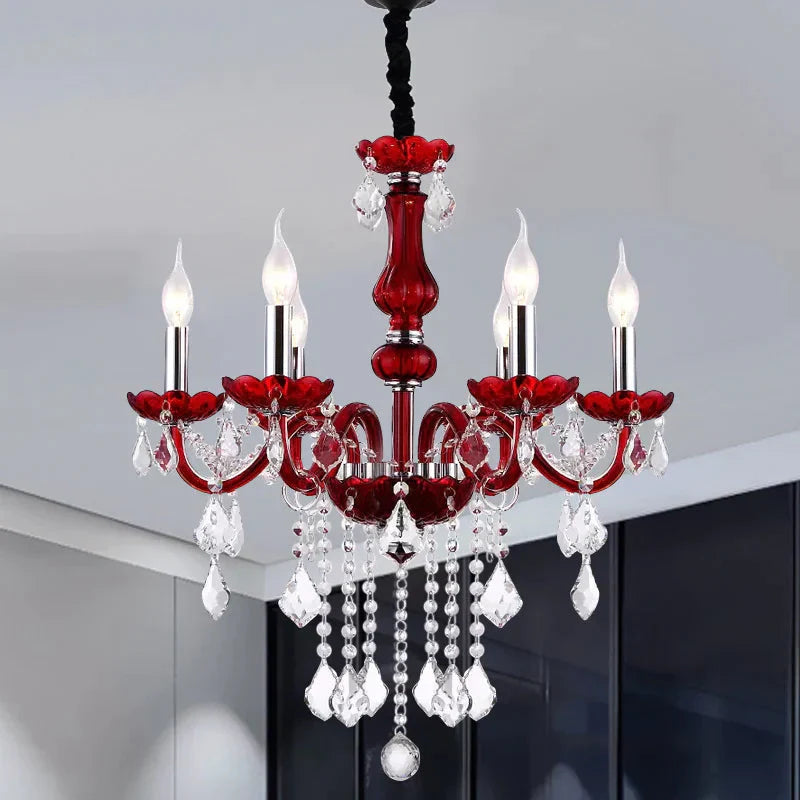 Red Candlestick Hanging Pendant Antique Faceted Crystal 6 Heads Living Room Chandelier