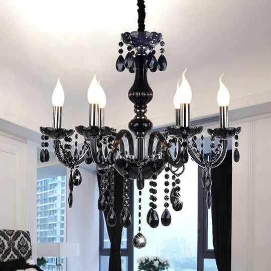 Retro Candelabra Hanging Chandelier 6 Heads Black Crystal Suspension Pendant Light For Bedroom