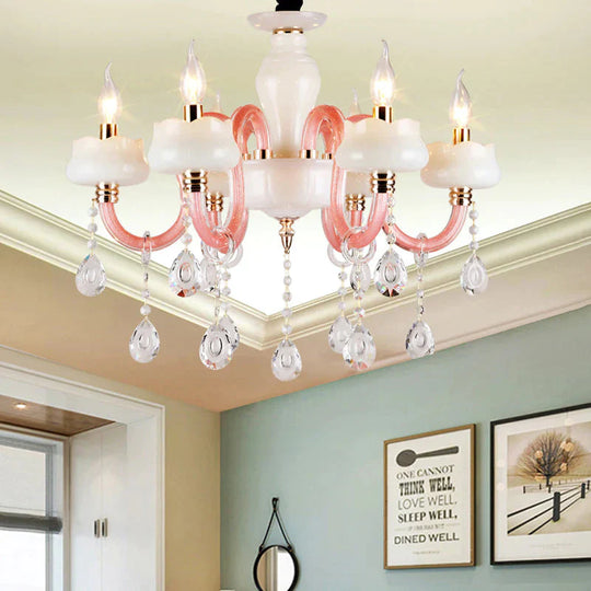 6 - Light Pendant Chandelier Retro Candle Crystal Hanging Lamp In White An Pink For Bedroom White -