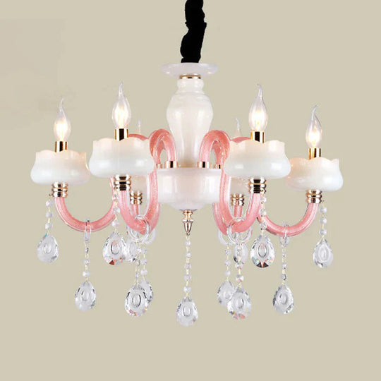 6 - Light Pendant Chandelier Retro Candle Crystal Hanging Lamp In White An Pink For Bedroom