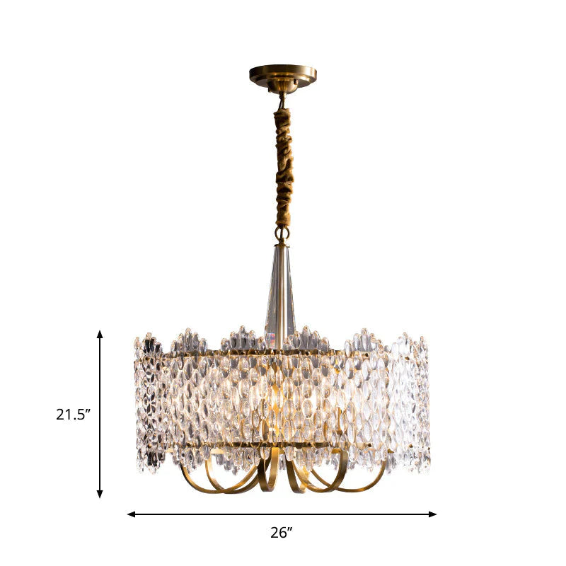 Antique Drum Suspension Lighting 6 - Bulb Clear K9 Crystal Chandelier Pendant Light In Gold
