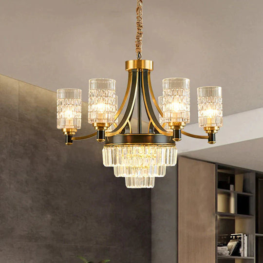 6 Bulbs Ceiling Pendant Retro Living Room Chandelier With Cylinder Clear Glass Shade In Gold