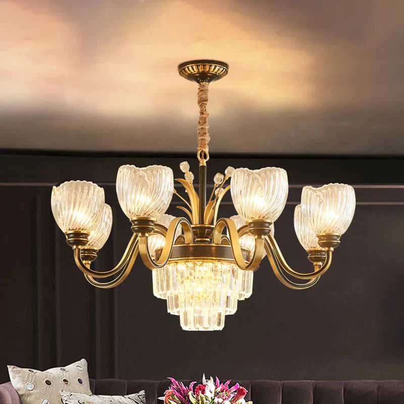 Curvy Arm Living Room Chandelier Classic Clear Prismatic Glass 8 - Light Gold Pendant Lighting