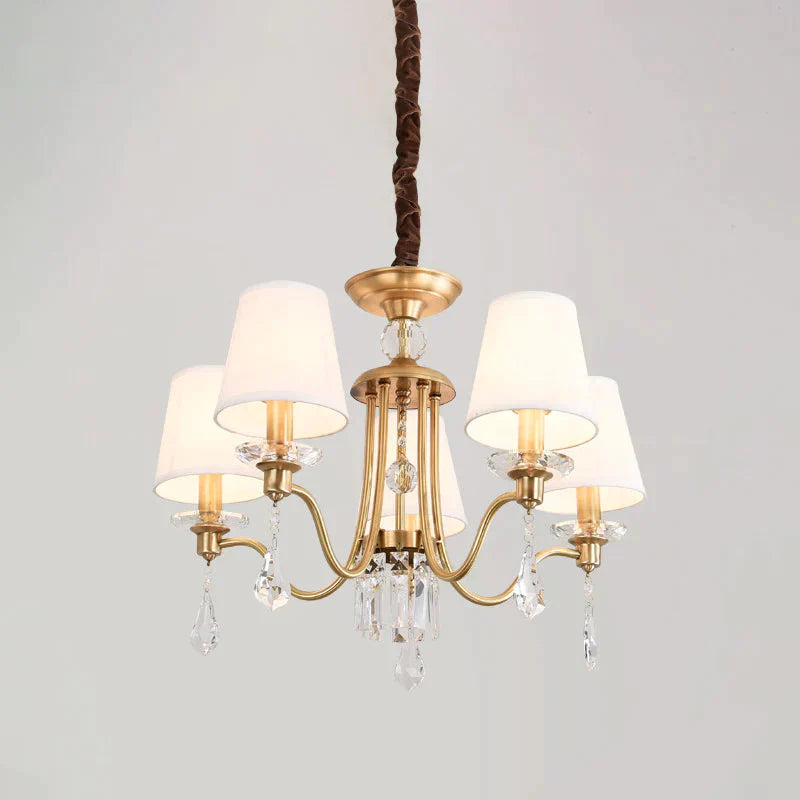 Fabric Brass Chandelier Lamp Barrel 5 Heads Traditional Hanging Light With Crystal Draping