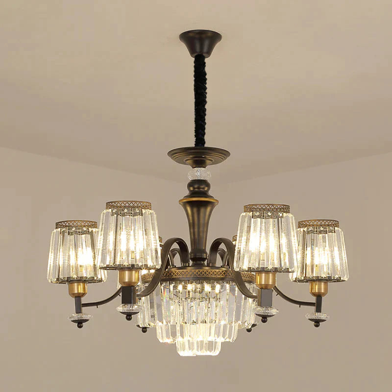 Black Conical Suspension Light Vintage Clear Crystal Block 3/6 Heads Dining Room Chandelier Lamp
