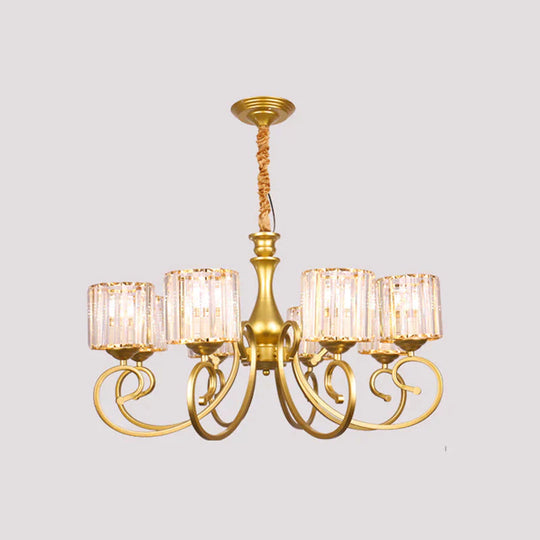 Vintage Cylindrical Chandelier Lighting 8 - Head Clear Crystal Block Suspension Light In Gold