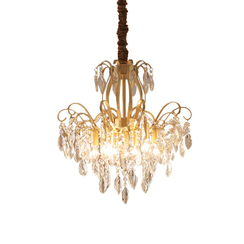 Faceted Crystal Waterfall Pendant Traditionalism 7 - Bulb Living Room Hanging Chandelier In Gold