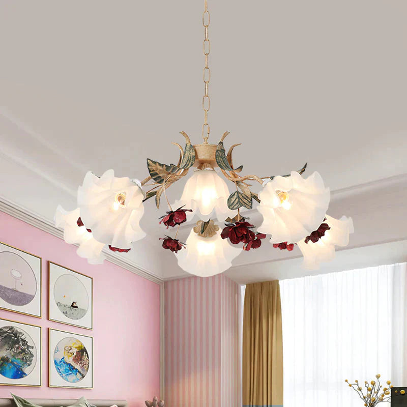 Floral Hallway Ceiling Chandelier American Garden Frosted Glass 4/6 - Head Red Pendant Lamp