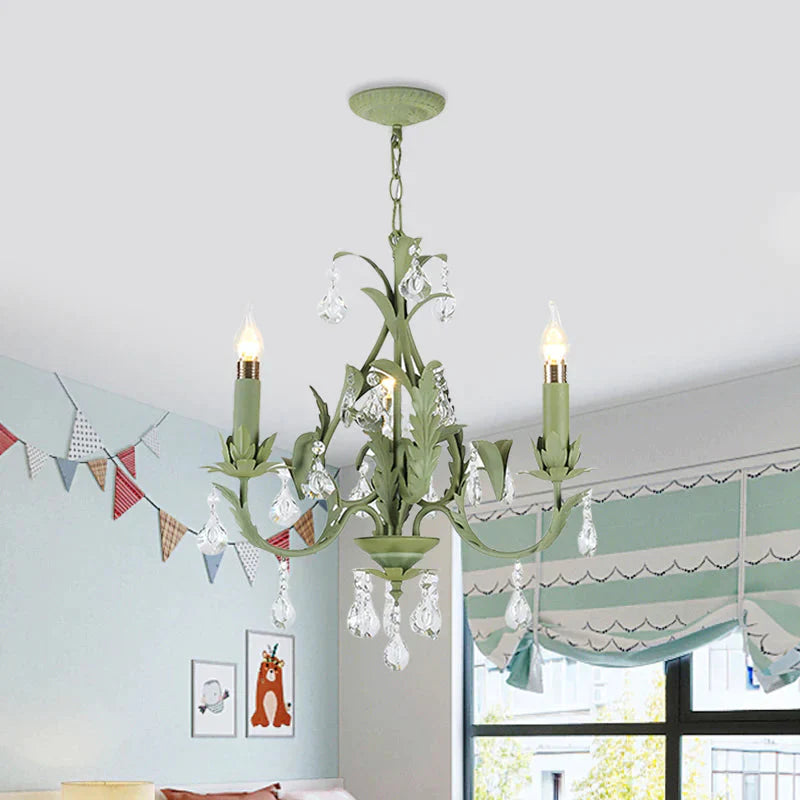 Green Foliage Design Candle Chandelier Countryside Iron 3 Lights Bedroom Ceiling Suspension Lamp