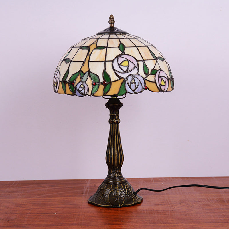 Ludovica - Tiffany Bronze Table Lamp With Rose Patterned Grid Stained Glass Shade