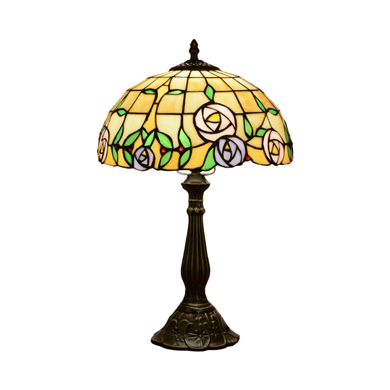 Ludovica - Tiffany Bronze Table Lamp With Rose Patterned Grid Stained Glass Shade