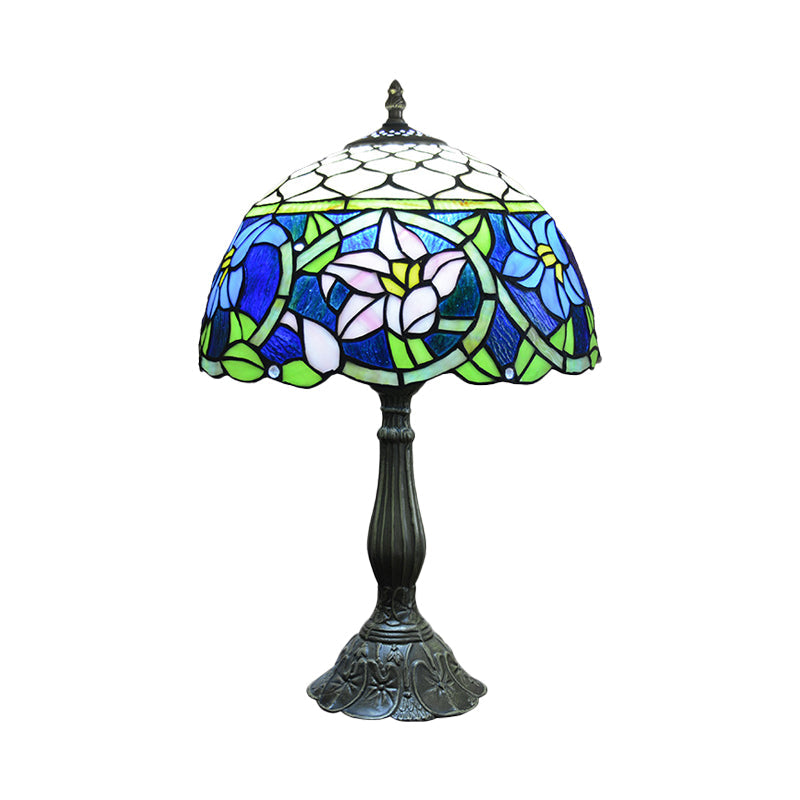 Tatiana - Blue Glass Daffodils Night Light: Mediterranean Bronze Table Lamp With