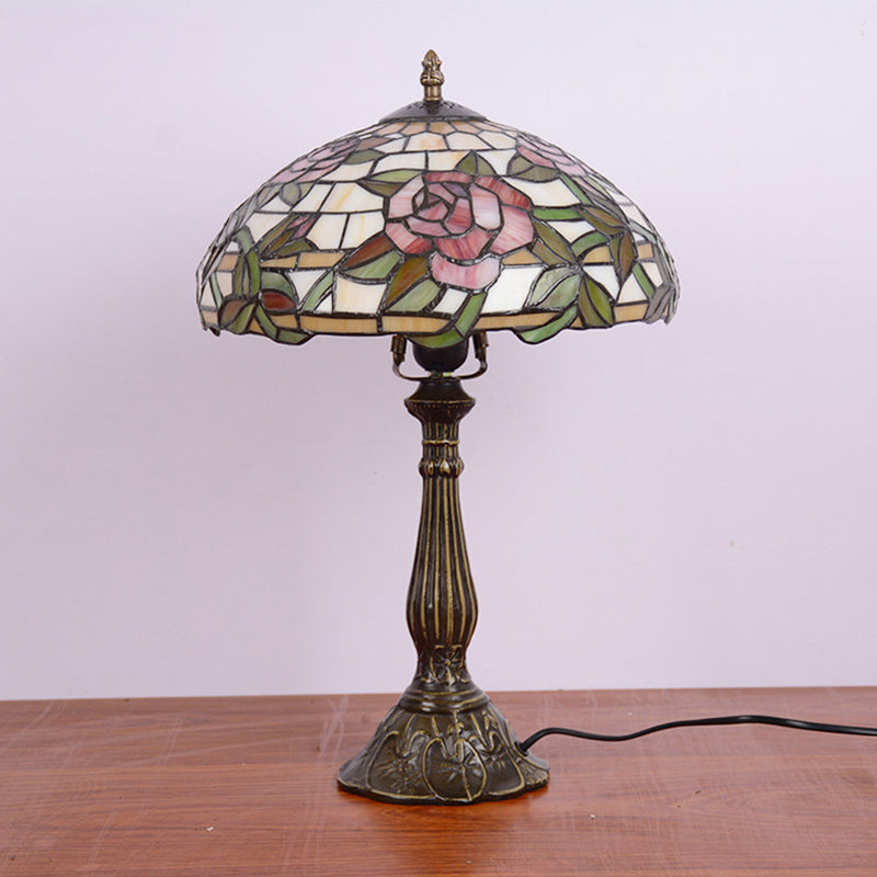 Bella - Tiffany Stained Glass Night Stand Lamp: Rose Pattern Table Lighting Bronze