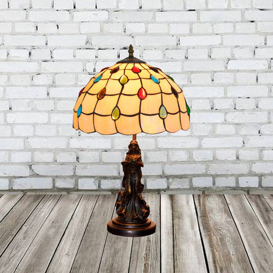 Asellus Secundus - Cabochons Grid Night Light 1 - Light Tiffany Table Lamp With Angel Decor Beige